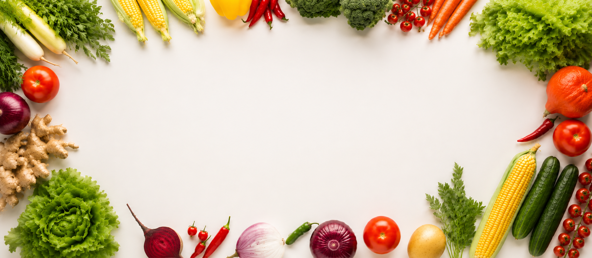 Fresh vegetables arranged in a frame around a clean white centre
